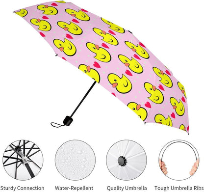 Pink Heart Polka Dots Yellow Rubber Ducks Compact Umbrella Sturdy Windproof Lightweight Umbrelllas for Sun, Rain & Travel