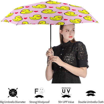 Pink Heart Polka Dots Yellow Rubber Ducks Compact Umbrella Sturdy Windproof Lightweight Umbrelllas for Sun, Rain & Travel