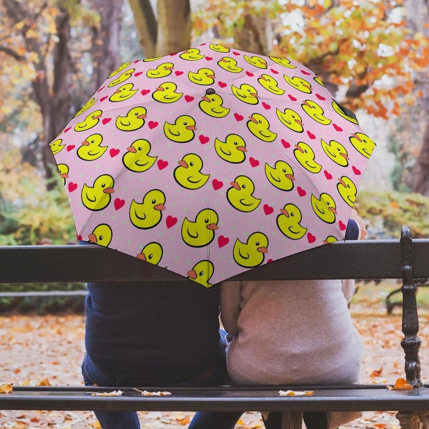 Pink Heart Polka Dots Yellow Rubber Ducks Compact Umbrella Sturdy Windproof Lightweight Umbrelllas for Sun, Rain & Travel