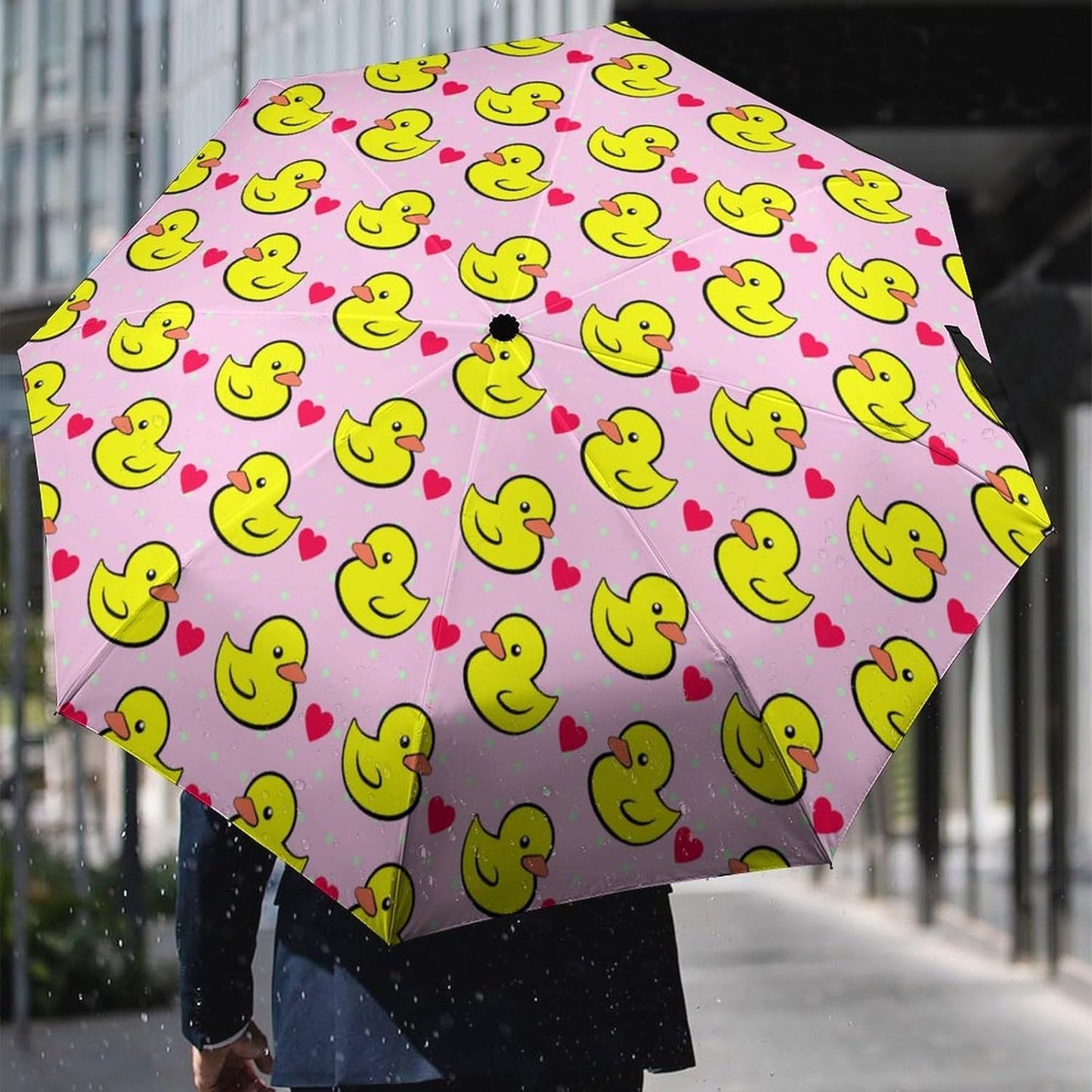 Pink Heart Polka Dots Yellow Rubber Ducks Compact Umbrella Sturdy Windproof Lightweight Umbrelllas for Sun, Rain & Travel