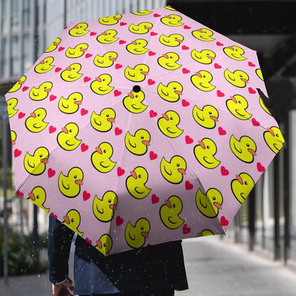 Pink Heart Polka Dots Yellow Rubber Ducks Compact Umbrella Sturdy Windproof Lightweight Umbrelllas for Sun, Rain & Travel