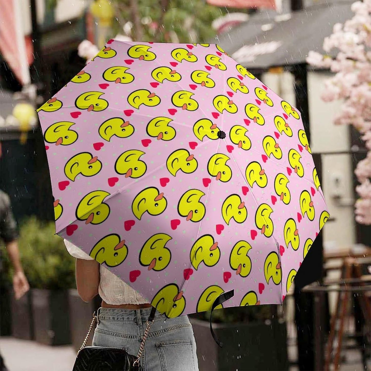 Pink Heart Polka Dots Yellow Rubber Ducks Compact Umbrella Sturdy Windproof Lightweight Umbrelllas for Sun, Rain & Travel