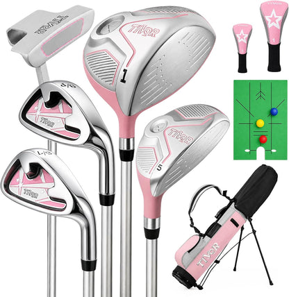 Kids Golf Clubs Set for Ages 9-12,Right Left Handed Youth Golf Clubs Set with 400cc Driver, Hybrid, 7 Iron, 9 Iron, Wedge, Putter, Stand Bag & 2 Headcovers,Junior Golf Clubs,Blue Yellow Pink