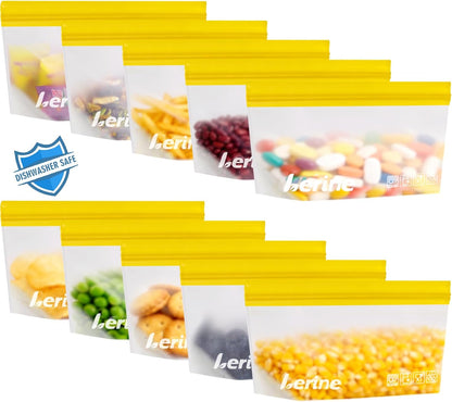 10 Pack Stand-Up Reusable Snack Bags, Dishwasher Safe Leakproof Reusable Freezer Bags, BPA Free Food Storage Bags for Snacks, Meal Prep, Home Organization (Yellow, 10Snack)