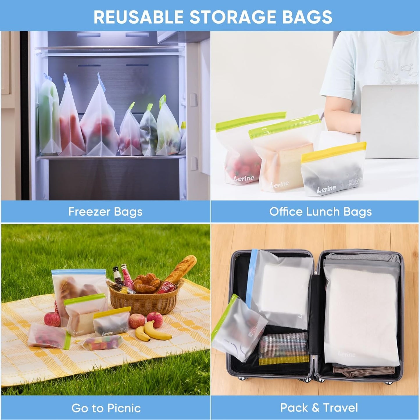 10 Pack Stand-Up Reusable Snack Bags, Dishwasher Safe Leakproof Reusable Freezer Bags, BPA Free Food Storage Bags for Snacks, Meal Prep, Home Organization (Yellow, 10Snack)