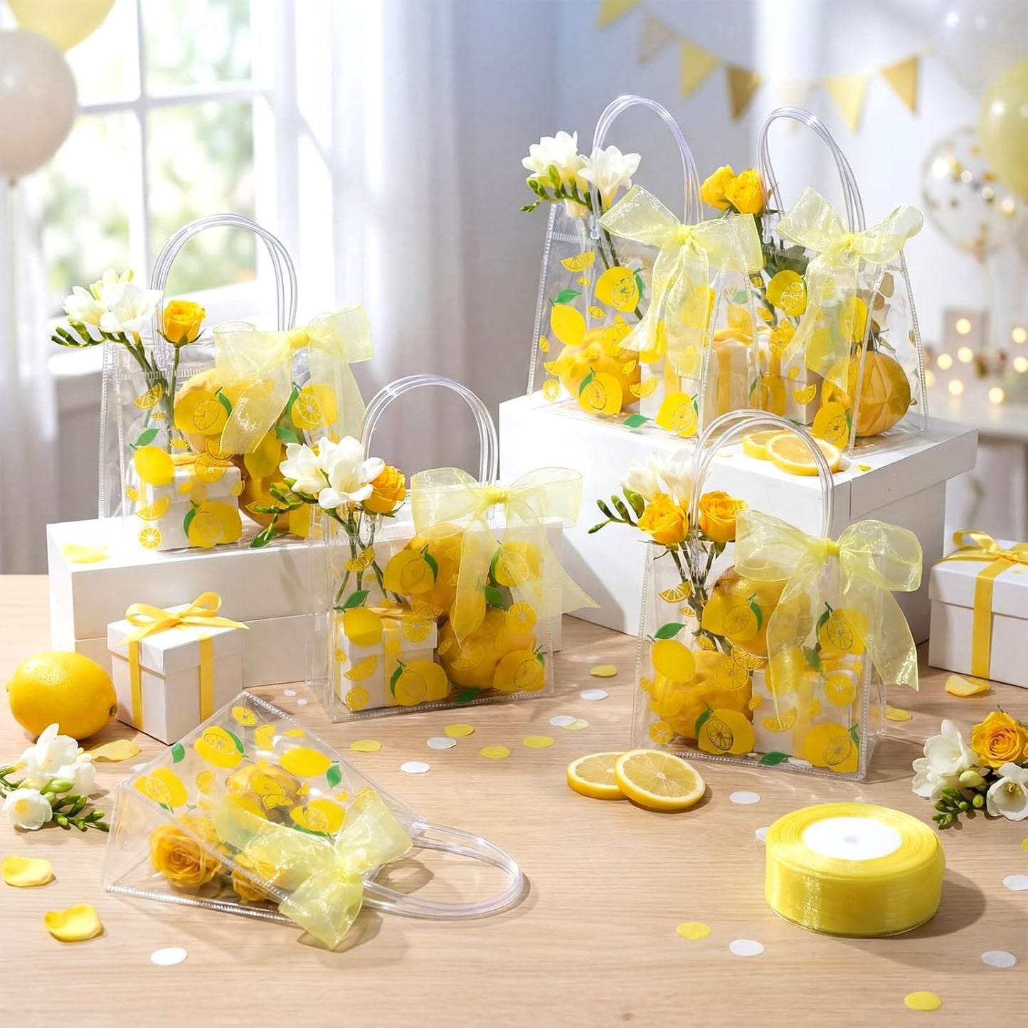 24 Pcs Clear Lemon Gift Bags with Handles Bulk Summer Fruit Candy Treat Goodie Tote Bags Reusable PVC Lemon Pouches for Wedding Birthday Baby Shower Party Supplies