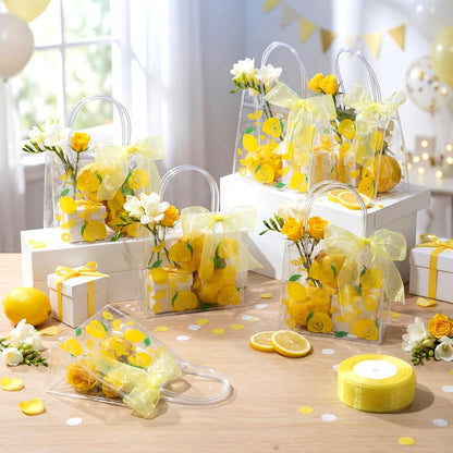 24 Pcs Clear Lemon Gift Bags with Handles Bulk Summer Fruit Candy Treat Goodie Tote Bags Reusable PVC Lemon Pouches for Wedding Birthday Baby Shower Party Supplies