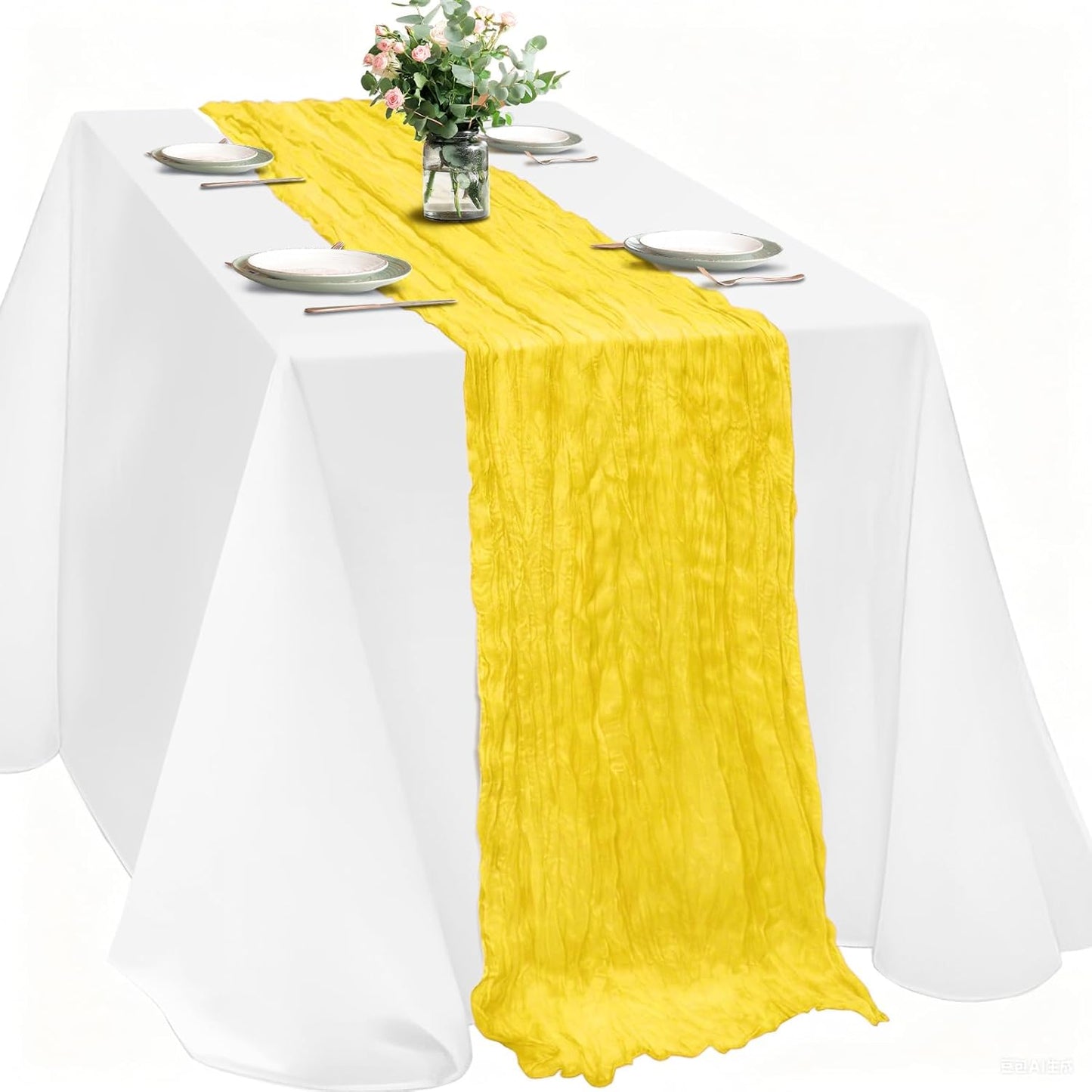 Yellow Cheesecloth Table Runner, 120 inch 10ft Boho Rustic Gauze Cheese Cloth Runner for Wedding Bridal Shower Baby Shower Birthday Party Easter Table Decorations