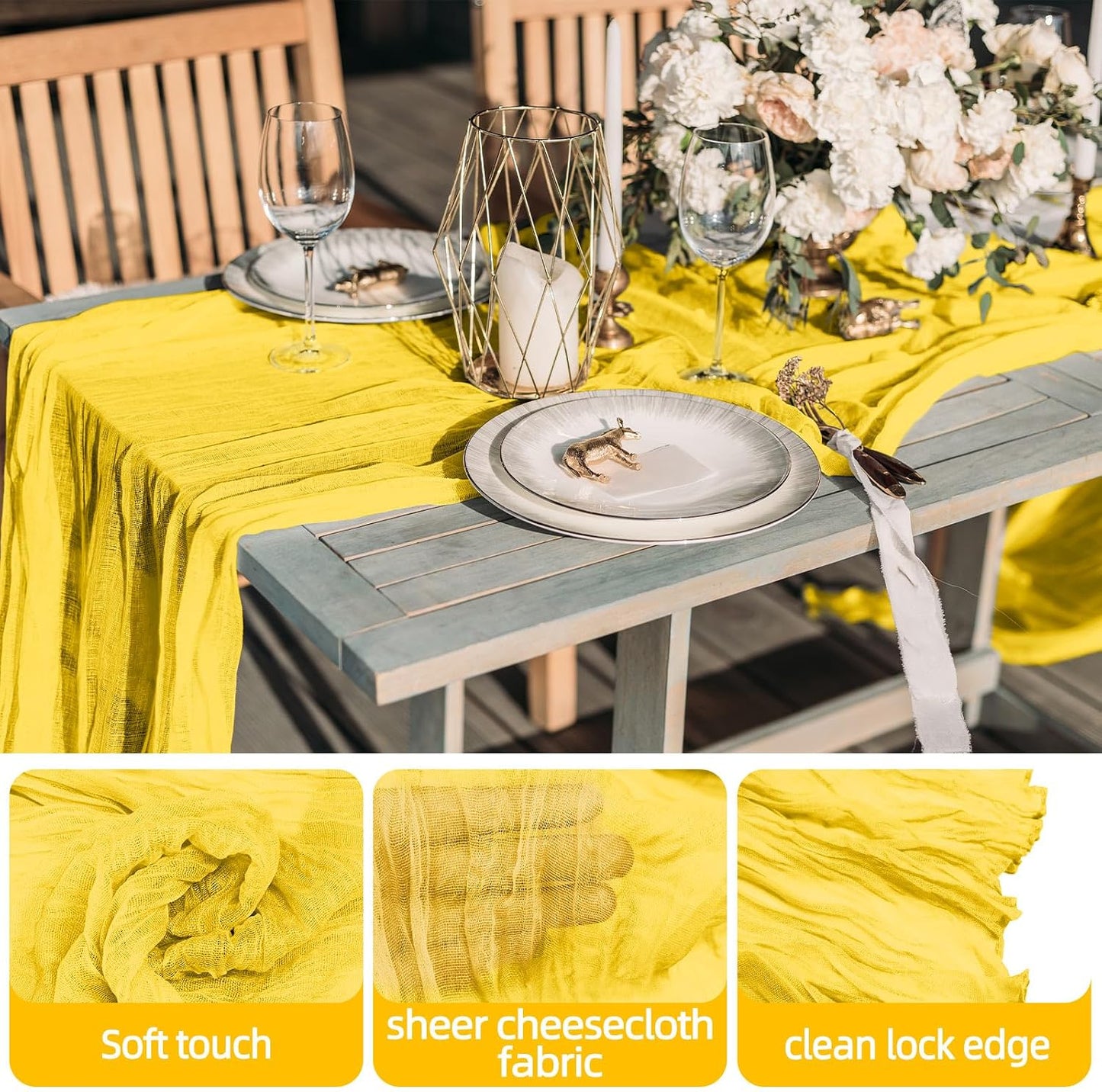 Yellow Cheesecloth Table Runner, 120 inch 10ft Boho Rustic Gauze Cheese Cloth Runner for Wedding Bridal Shower Baby Shower Birthday Party Easter Table Decorations
