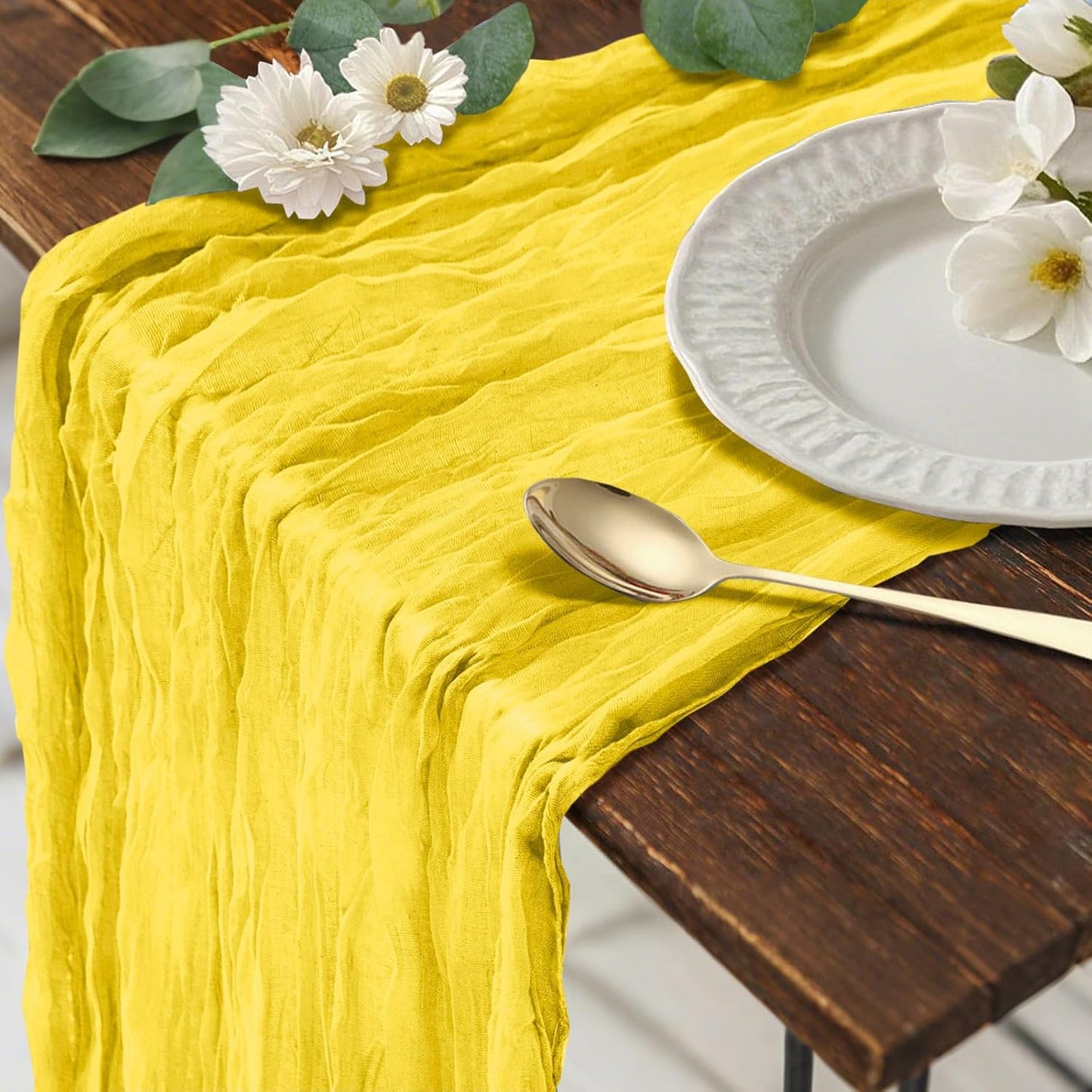 Yellow Cheesecloth Table Runner, 120 inch 10ft Boho Rustic Gauze Cheese Cloth Runner for Wedding Bridal Shower Baby Shower Birthday Party Easter Table Decorations