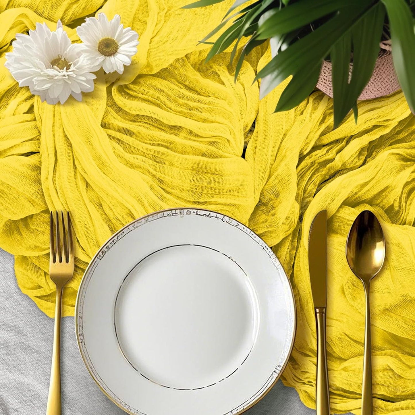Yellow Cheesecloth Table Runner, 120 inch 10ft Boho Rustic Gauze Cheese Cloth Runner for Wedding Bridal Shower Baby Shower Birthday Party Easter Table Decorations