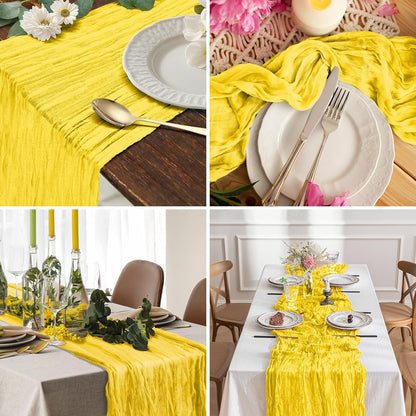 Yellow Cheesecloth Table Runner, 120 inch 10ft Boho Rustic Gauze Cheese Cloth Runner for Wedding Bridal Shower Baby Shower Birthday Party Easter Table Decorations
