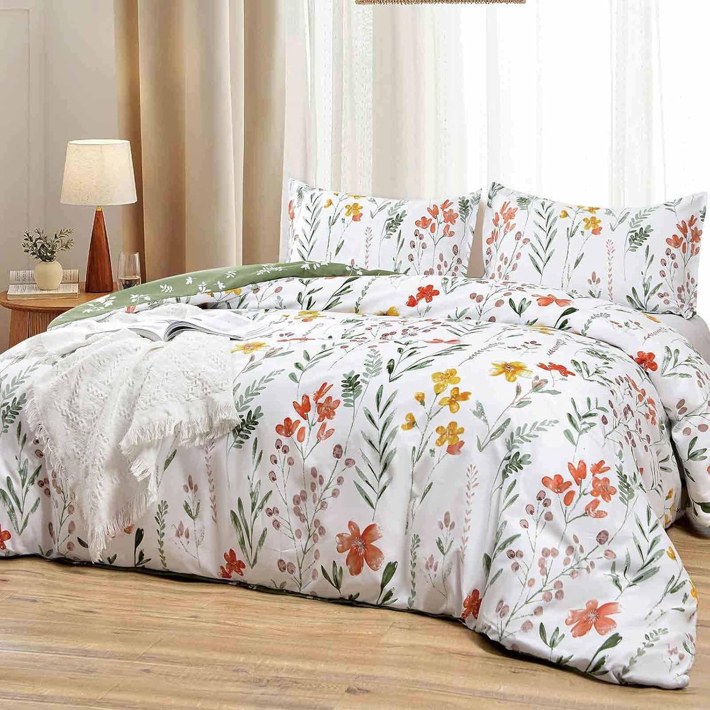Floral Duvet Cover Twin Size - Yellow Flowers And Green Leaf Spring Botanical Printed Microfiber Comforter Cover Set - 2 Piece 68x90 Soft and Lightweight Quilt Cover, Farmhouse Style for Women men