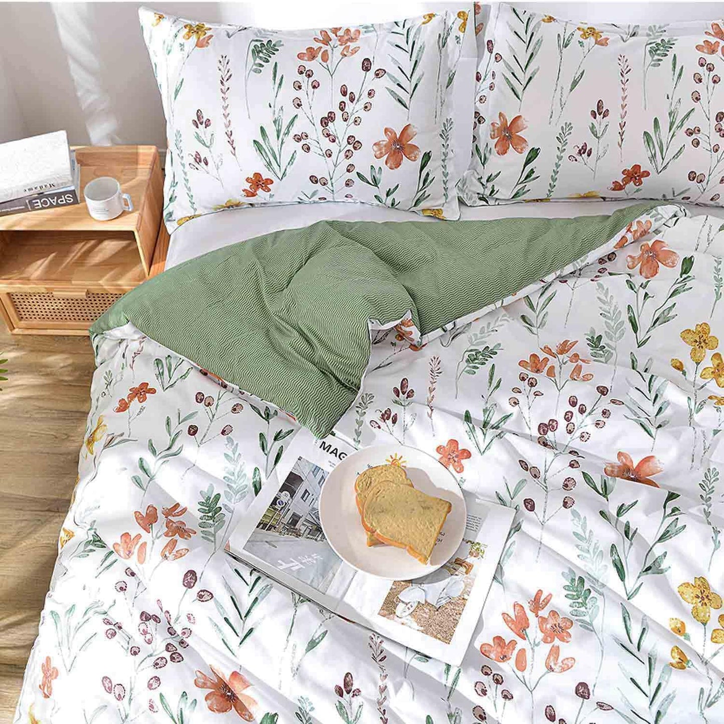 Floral Duvet Cover Twin Size - Yellow Flowers And Green Leaf Spring Botanical Printed Microfiber Comforter Cover Set - 2 Piece 68x90 Soft and Lightweight Quilt Cover, Farmhouse Style for Women men
