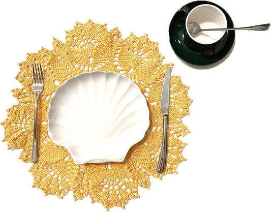 Tulip Flower Doilies Tablecloth Crochet Lace Placemats Vase Dish Plate West Dinner Table Mat Anniversary Mother's Day (1, Yellow)