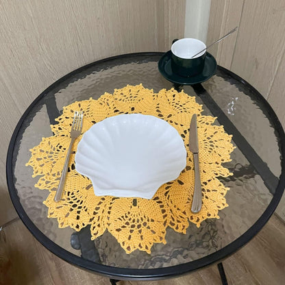 Tulip Flower Doilies Tablecloth Crochet Lace Placemats Vase Dish Plate West Dinner Table Mat Anniversary Mother's Day (1, Yellow)