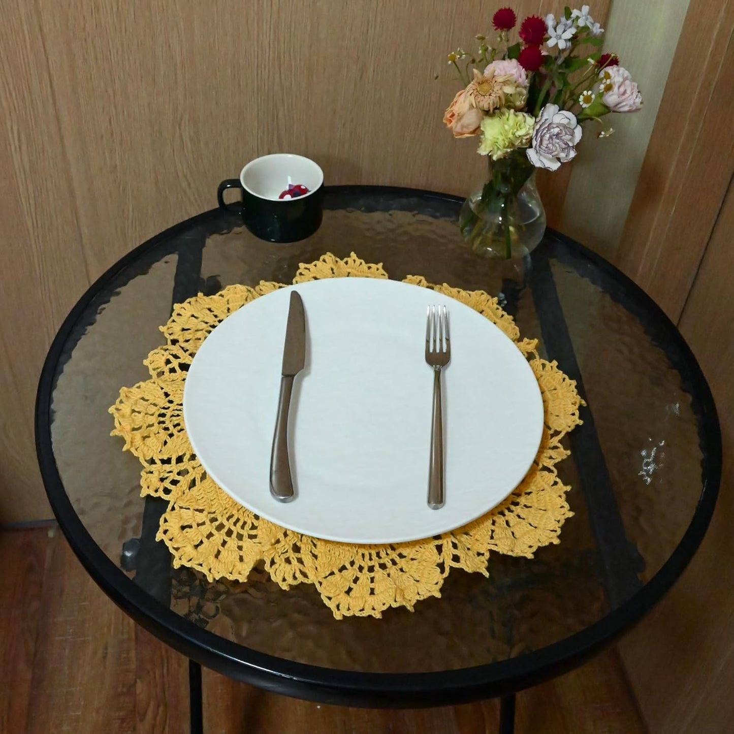 Tulip Flower Doilies Tablecloth Crochet Lace Placemats Vase Dish Plate West Dinner Table Mat Anniversary Mother's Day (1, Yellow)