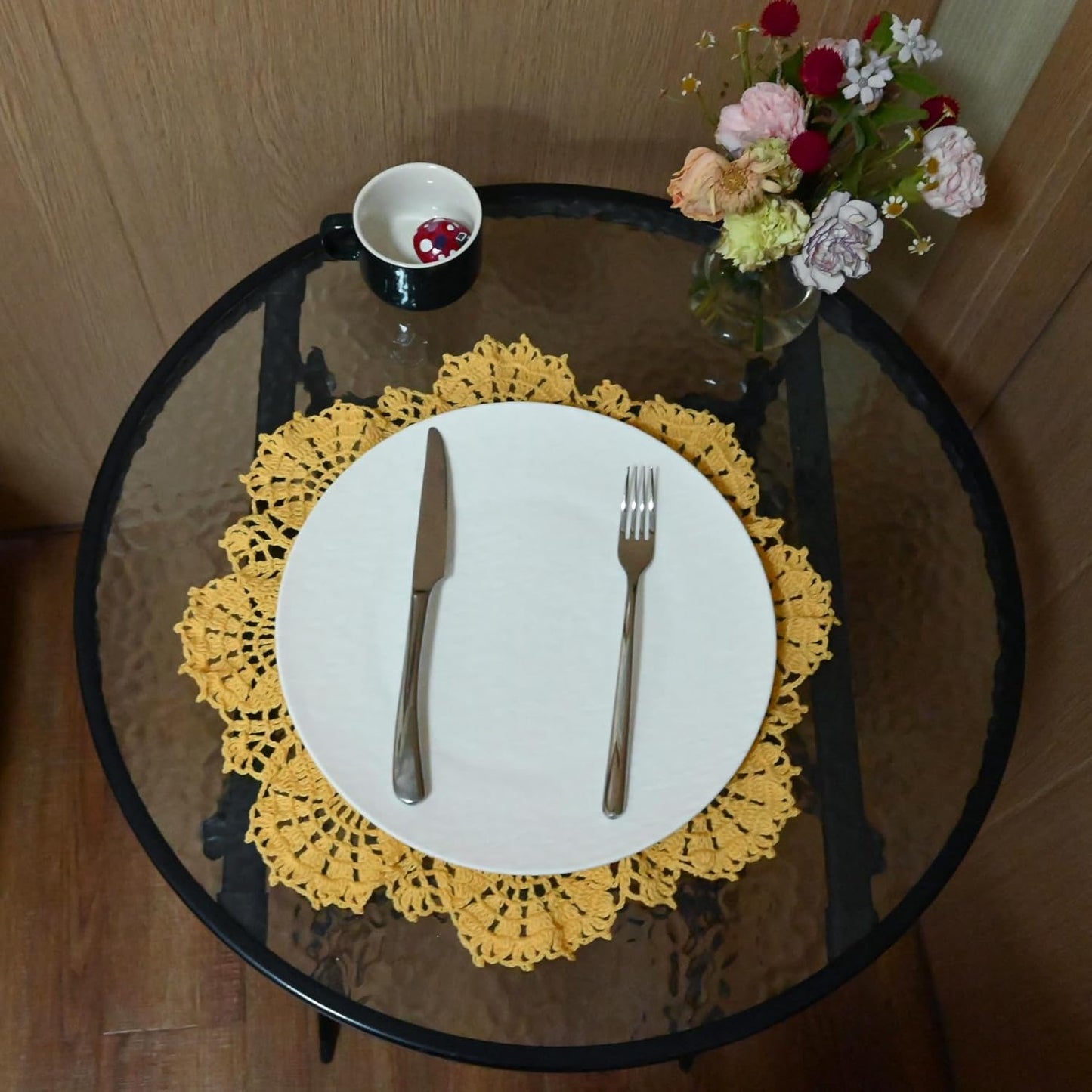 Tulip Flower Doilies Tablecloth Crochet Lace Placemats Vase Dish Plate West Dinner Table Mat Anniversary Mother's Day (1, Yellow)