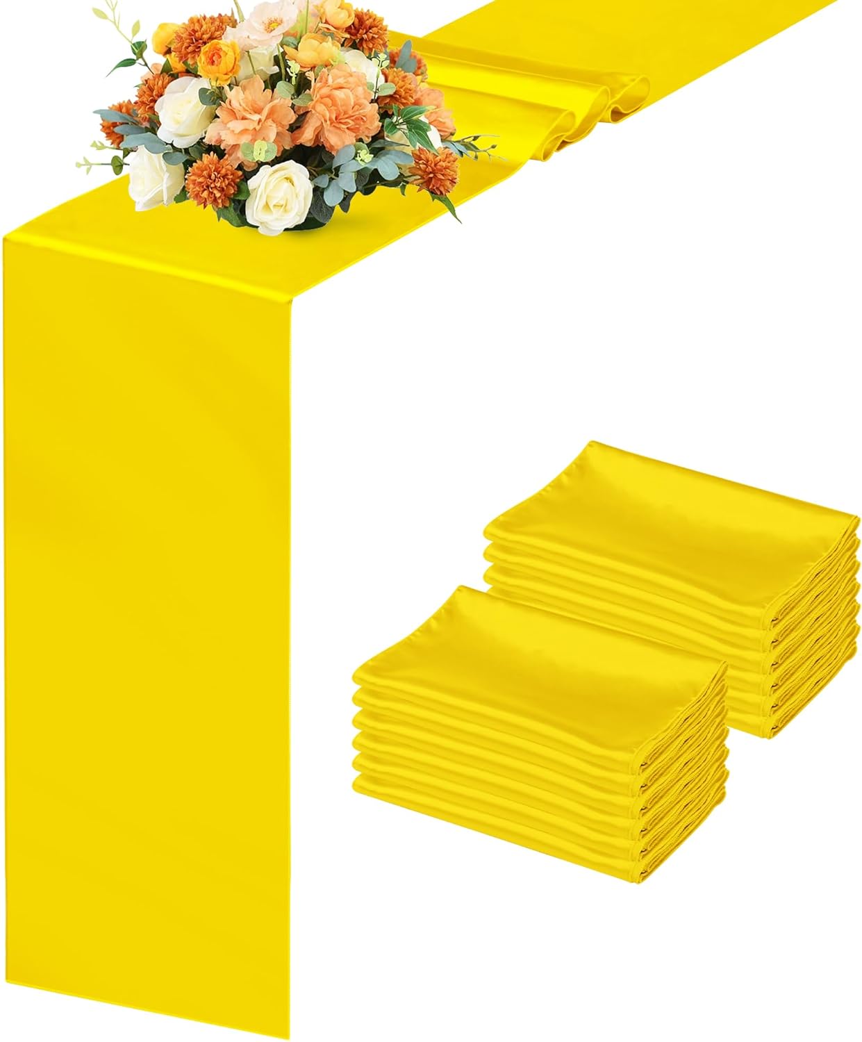 12 Pack Yellow Satin Table Runners 12 x 108 Inch Reusable Seamless Design | Heavy Duty Long Smooth Polyester Table Runner with Natural Drape for Spring Wedding, Birthday & Graduation Party Decor