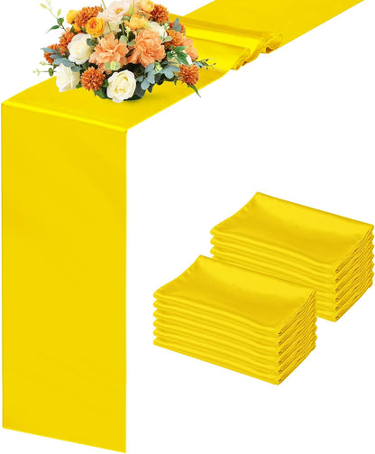 12 Pack Yellow Satin Table Runners 12 x 108 Inch Reusable Seamless Design | Heavy Duty Long Smooth Polyester Table Runner with Natural Drape for Spring Wedding, Birthday & Graduation Party Decor
