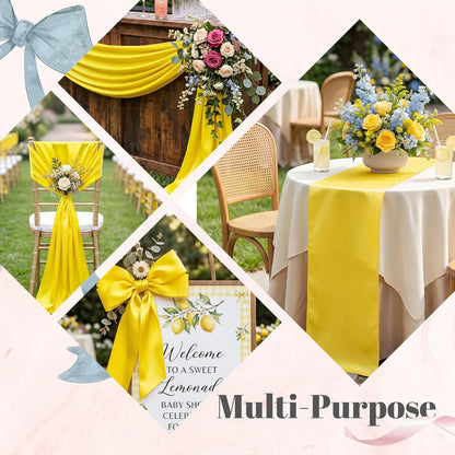 12 Pack Yellow Satin Table Runners 12 x 108 Inch Reusable Seamless Design | Heavy Duty Long Smooth Polyester Table Runner with Natural Drape for Spring Wedding, Birthday & Graduation Party Decor