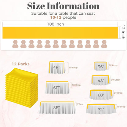 12 Pack Yellow Satin Table Runners 12 x 108 Inch Reusable Seamless Design | Heavy Duty Long Smooth Polyester Table Runner with Natural Drape for Spring Wedding, Birthday & Graduation Party Decor