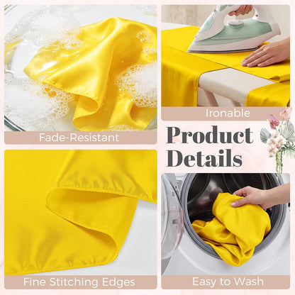 12 Pack Yellow Satin Table Runners 12 x 108 Inch Reusable Seamless Design | Heavy Duty Long Smooth Polyester Table Runner with Natural Drape for Spring Wedding, Birthday & Graduation Party Decor