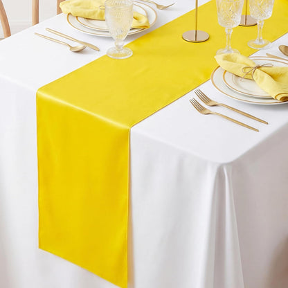 12 Pack Yellow Satin Table Runners 12 x 108 Inch Reusable Seamless Design | Heavy Duty Long Smooth Polyester Table Runner with Natural Drape for Spring Wedding, Birthday & Graduation Party Decor