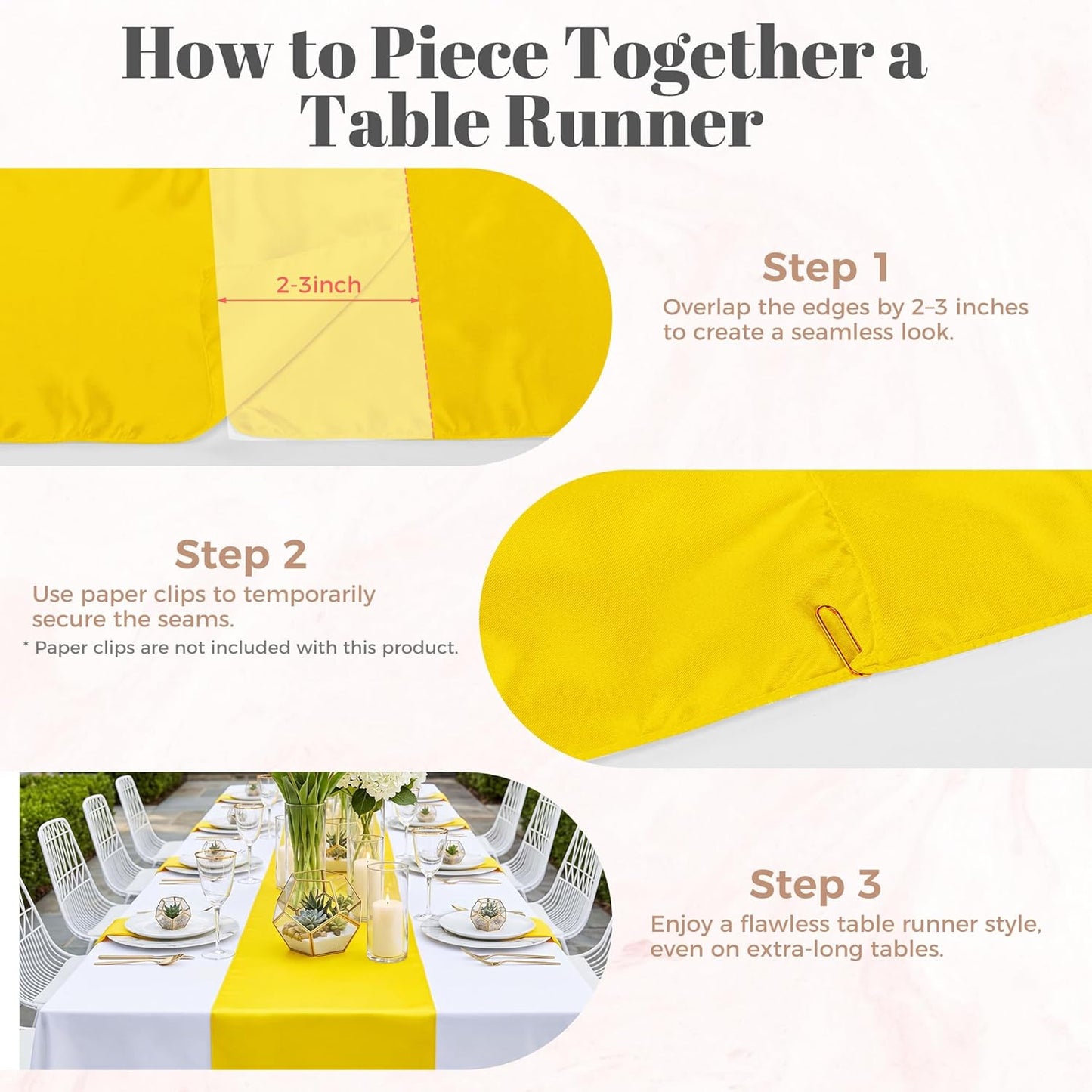 12 Pack Yellow Satin Table Runners 12 x 108 Inch Reusable Seamless Design | Heavy Duty Long Smooth Polyester Table Runner with Natural Drape for Spring Wedding, Birthday & Graduation Party Decor