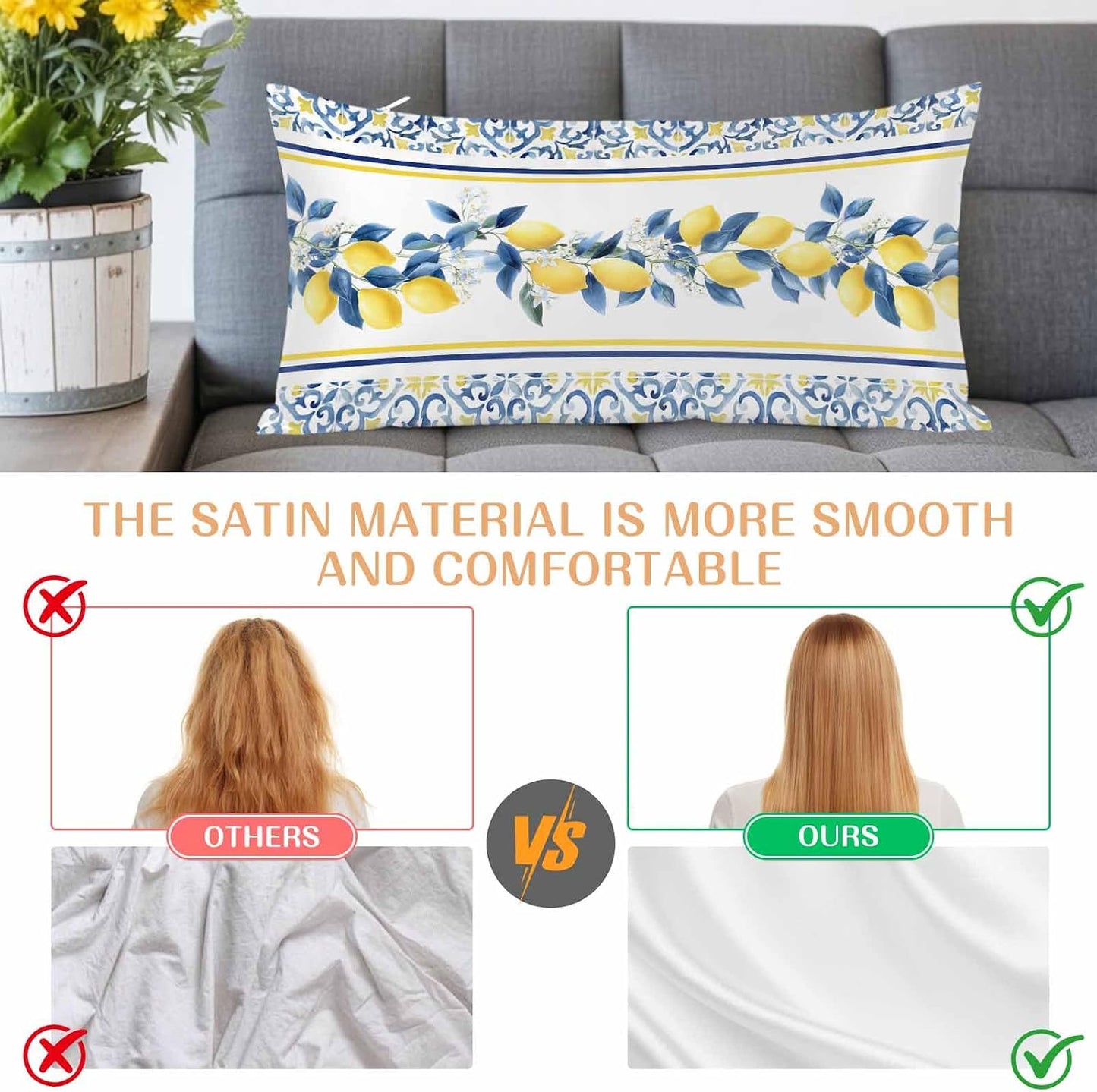 Lemon Floral Satin Pillowcase for Hair and Skin, Moroccan Lemon Yellow Blue Stripes Floral Silky Pillow Cases Standard Size with Zipper 1 Pack Soft Cooling Pillow Cover for Women Men, 20''x40''