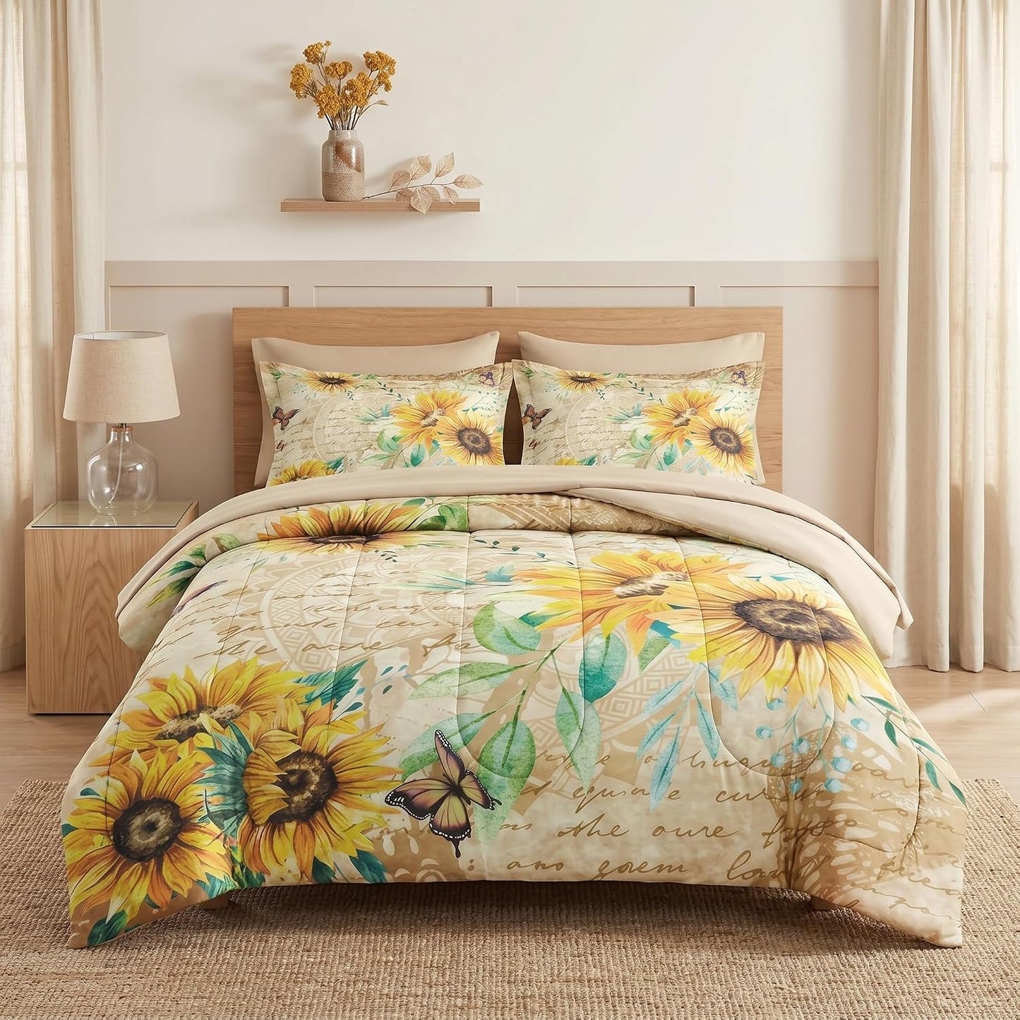 WeCozy 7 Pcs Queen Size Comforter Set with 2 Pillowcases & 2 Shams, Sunflower Floral Yellow Bedding for Kids and Adults, Flower Rustic Thanksgiving Bed in a Bag with Flat Fitted Sheet