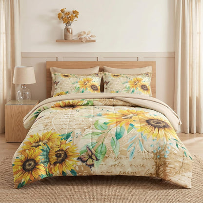 WeCozy 7 Pcs Queen Size Comforter Set with 2 Pillowcases & 2 Shams, Sunflower Floral Yellow Bedding for Kids and Adults, Flower Rustic Thanksgiving Bed in a Bag with Flat Fitted Sheet