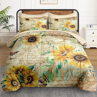 WeCozy 7 Pcs Queen Size Comforter Set with 2 Pillowcases & 2 Shams, Sunflower Floral Yellow Bedding for Kids and Adults, Flower Rustic Thanksgiving Bed in a Bag with Flat Fitted Sheet
