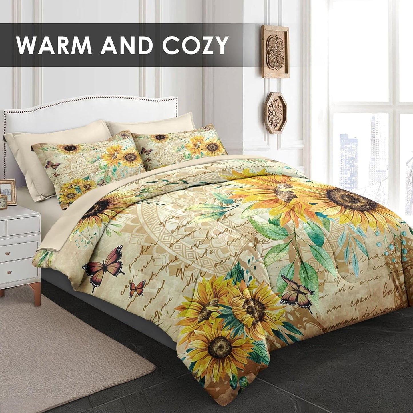 WeCozy 7 Pcs Queen Size Comforter Set with 2 Pillowcases & 2 Shams, Sunflower Floral Yellow Bedding for Kids and Adults, Flower Rustic Thanksgiving Bed in a Bag with Flat Fitted Sheet