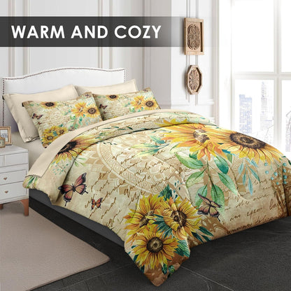 WeCozy 7 Pcs Queen Size Comforter Set with 2 Pillowcases & 2 Shams, Sunflower Floral Yellow Bedding for Kids and Adults, Flower Rustic Thanksgiving Bed in a Bag with Flat Fitted Sheet