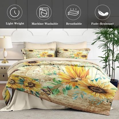 WeCozy 7 Pcs Queen Size Comforter Set with 2 Pillowcases & 2 Shams, Sunflower Floral Yellow Bedding for Kids and Adults, Flower Rustic Thanksgiving Bed in a Bag with Flat Fitted Sheet