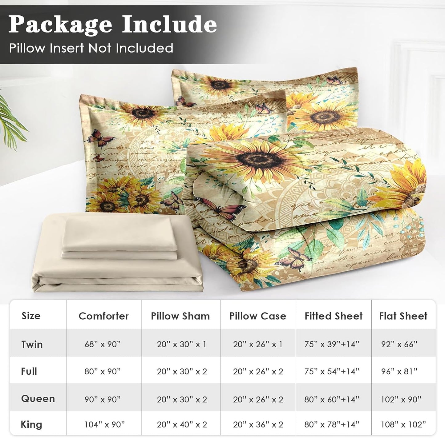 WeCozy 7 Pcs Queen Size Comforter Set with 2 Pillowcases & 2 Shams, Sunflower Floral Yellow Bedding for Kids and Adults, Flower Rustic Thanksgiving Bed in a Bag with Flat Fitted Sheet