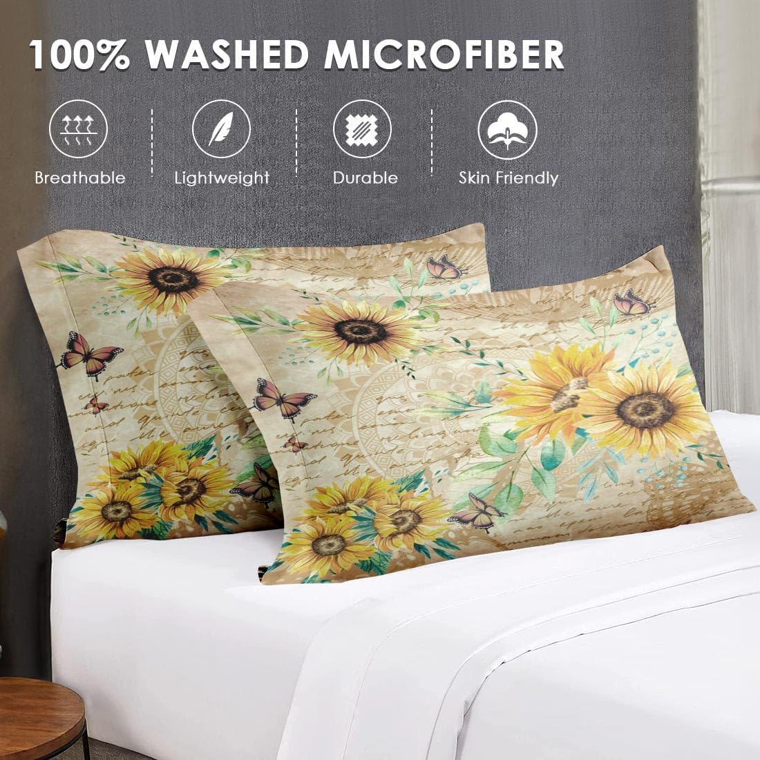 WeCozy 7 Pcs Queen Size Comforter Set with 2 Pillowcases & 2 Shams, Sunflower Floral Yellow Bedding for Kids and Adults, Flower Rustic Thanksgiving Bed in a Bag with Flat Fitted Sheet