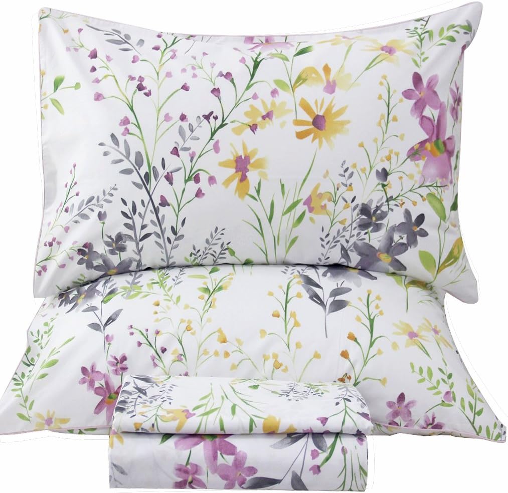 Floral King Size Sheet Sets - Yellow Flower Botanical Pattern Egyptian Cotton Printed Bedding Sheets King Size Bed Soft and Breathable 17.5" Extra Deep Pockets Bed Sheets 4 Pieces