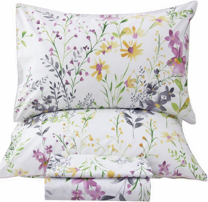 Floral King Size Sheet Sets - Yellow Flower Botanical Pattern Egyptian Cotton Printed Bedding Sheets King Size Bed Soft and Breathable 17.5" Extra Deep Pockets Bed Sheets 4 Pieces