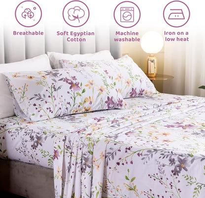 Floral King Size Sheet Sets - Yellow Flower Botanical Pattern Egyptian Cotton Printed Bedding Sheets King Size Bed Soft and Breathable 17.5" Extra Deep Pockets Bed Sheets 4 Pieces