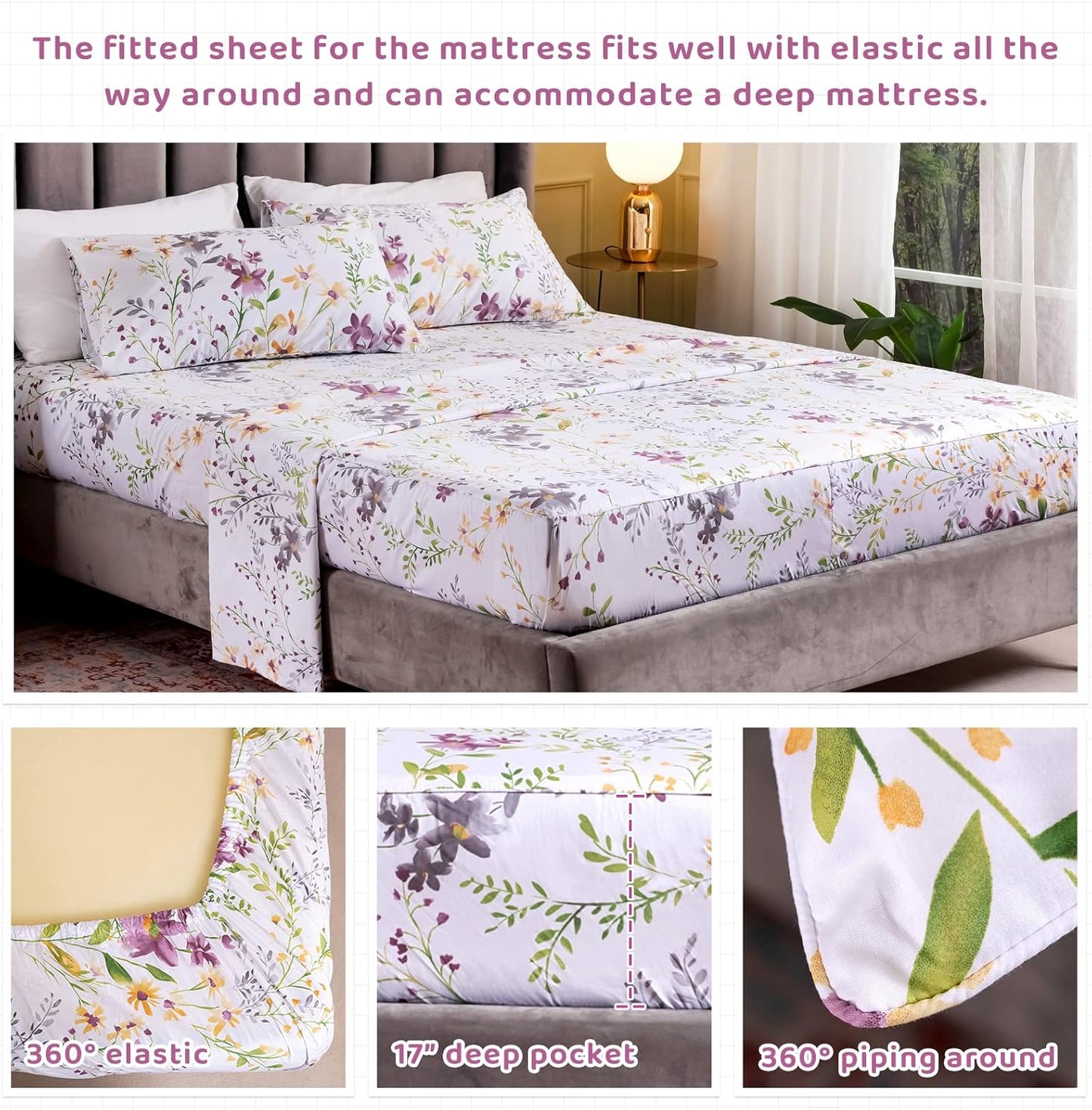 Floral King Size Sheet Sets - Yellow Flower Botanical Pattern Egyptian Cotton Printed Bedding Sheets King Size Bed Soft and Breathable 17.5" Extra Deep Pockets Bed Sheets 4 Pieces