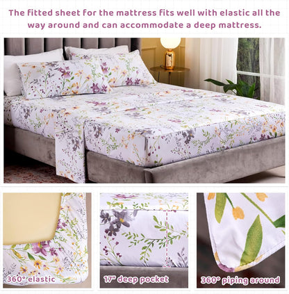 Floral King Size Sheet Sets - Yellow Flower Botanical Pattern Egyptian Cotton Printed Bedding Sheets King Size Bed Soft and Breathable 17.5" Extra Deep Pockets Bed Sheets 4 Pieces
