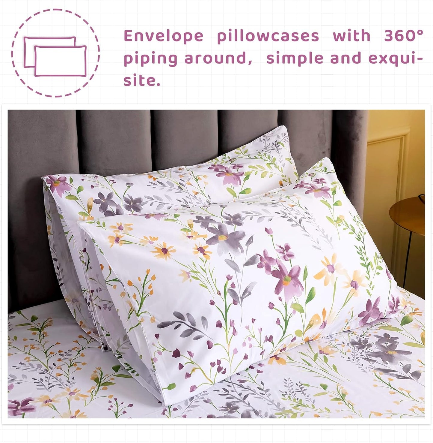 Floral King Size Sheet Sets - Yellow Flower Botanical Pattern Egyptian Cotton Printed Bedding Sheets King Size Bed Soft and Breathable 17.5" Extra Deep Pockets Bed Sheets 4 Pieces