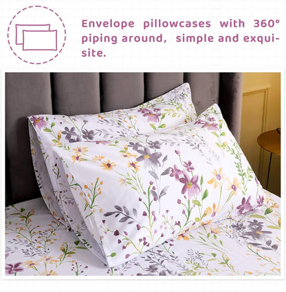 Floral King Size Sheet Sets - Yellow Flower Botanical Pattern Egyptian Cotton Printed Bedding Sheets King Size Bed Soft and Breathable 17.5" Extra Deep Pockets Bed Sheets 4 Pieces