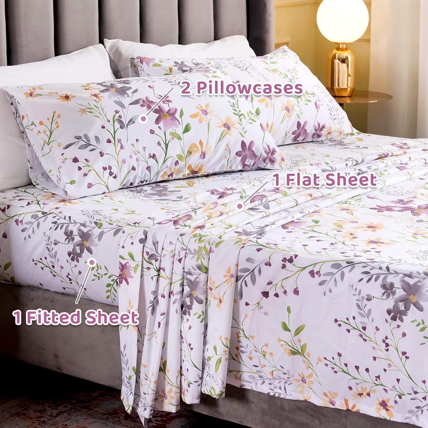 Floral King Size Sheet Sets - Yellow Flower Botanical Pattern Egyptian Cotton Printed Bedding Sheets King Size Bed Soft and Breathable 17.5" Extra Deep Pockets Bed Sheets 4 Pieces