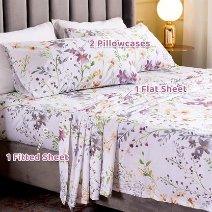 Floral King Size Sheet Sets - Yellow Flower Botanical Pattern Egyptian Cotton Printed Bedding Sheets King Size Bed Soft and Breathable 17.5" Extra Deep Pockets Bed Sheets 4 Pieces