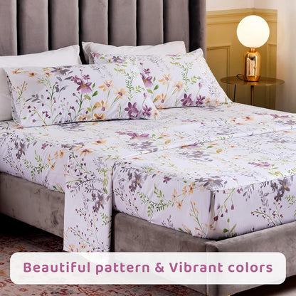 Floral King Size Sheet Sets - Yellow Flower Botanical Pattern Egyptian Cotton Printed Bedding Sheets King Size Bed Soft and Breathable 17.5" Extra Deep Pockets Bed Sheets 4 Pieces