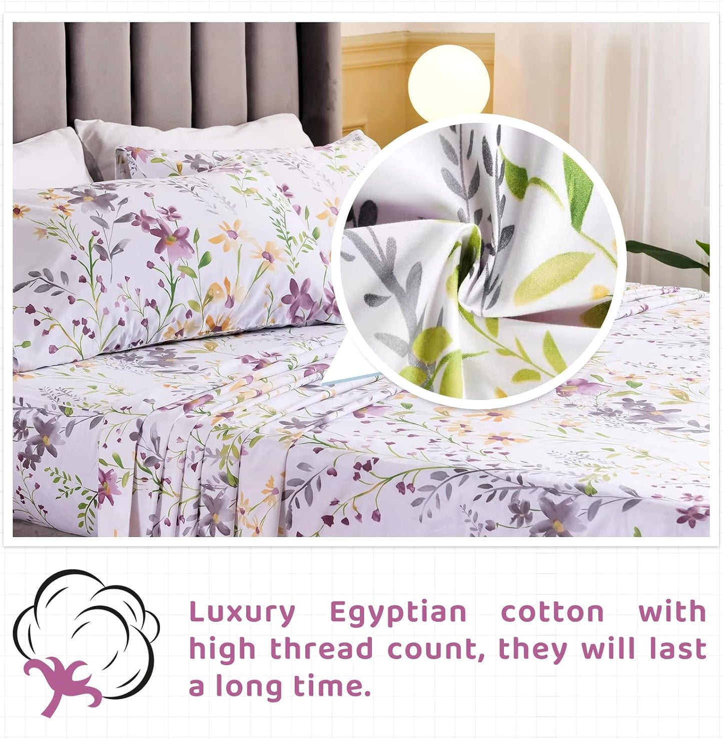 Floral King Size Sheet Sets - Yellow Flower Botanical Pattern Egyptian Cotton Printed Bedding Sheets King Size Bed Soft and Breathable 17.5" Extra Deep Pockets Bed Sheets 4 Pieces