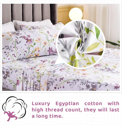Floral King Size Sheet Sets - Yellow Flower Botanical Pattern Egyptian Cotton Printed Bedding Sheets King Size Bed Soft and Breathable 17.5" Extra Deep Pockets Bed Sheets 4 Pieces